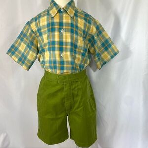 Kid’s Vintage 70’s Sears Blue and Yellow Plaid Shirt and Army Green Shorts Sz 8